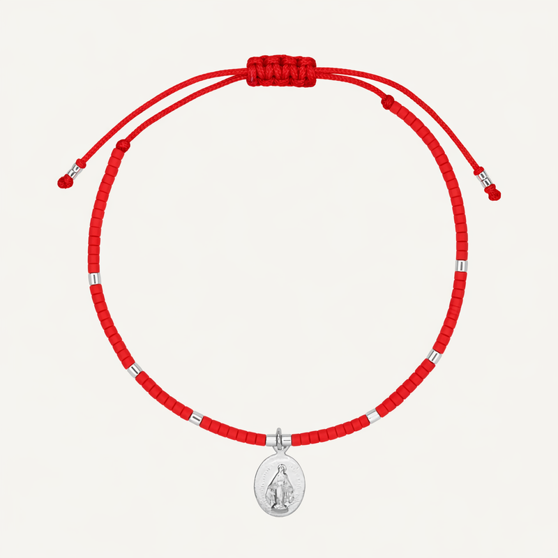 PULSERA DE HILO ROJO MEDALLA VIRGEN DE LOS RAYOS PLATA