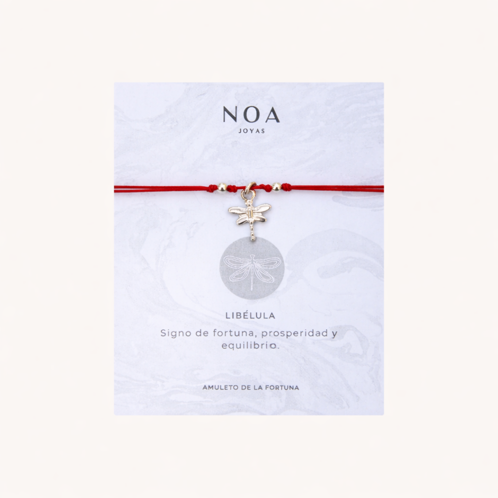 PULSERA DE HILO ROJO LIBÉLULA PLATA