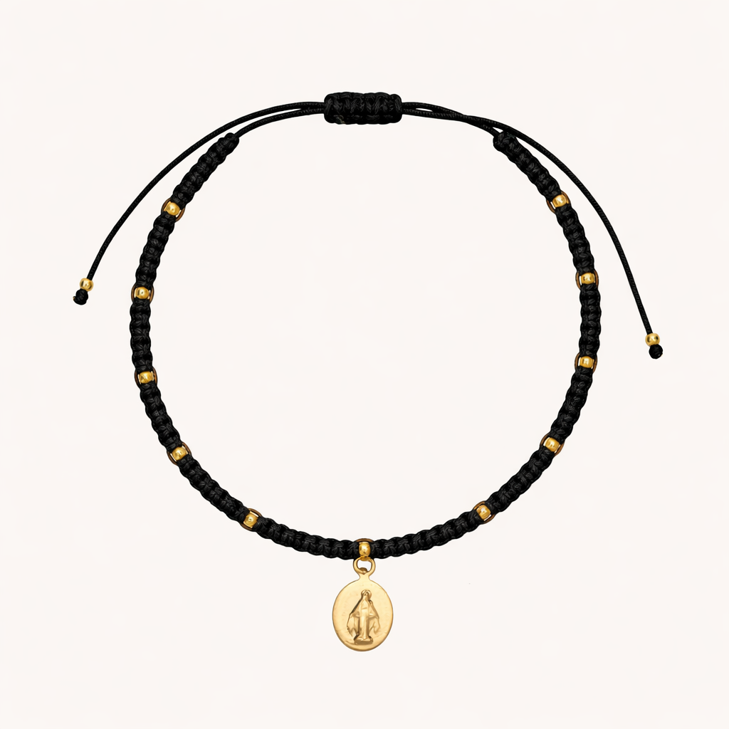 PULSERA DE HILO NEGRO TEJIDO VIRGEN DE LOS RAYOS BAÑO EN ORO