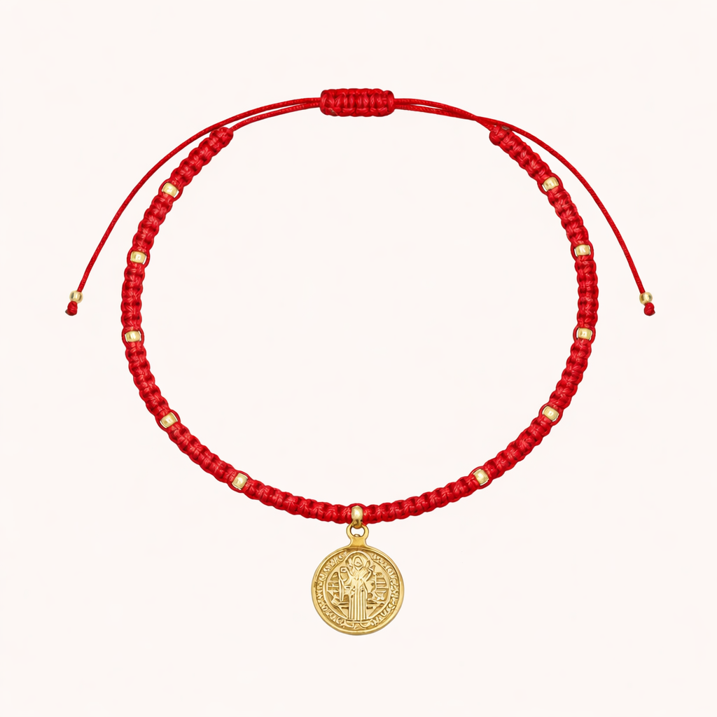 PULSERA DE HILO ROJO TEJIDO SAN BENITO BAÑO EN ORO