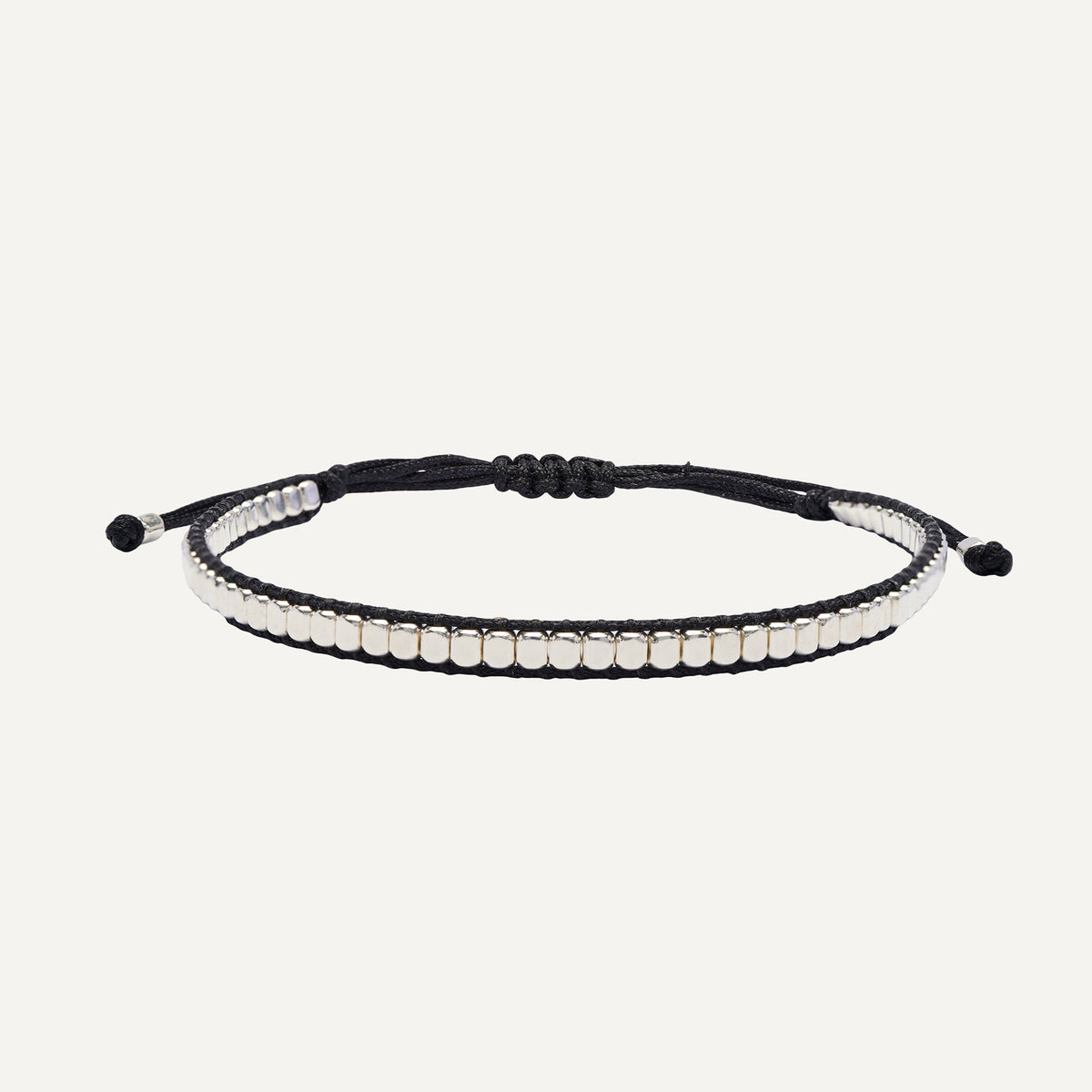 PULSERA DE HILO NEGRO SQUARE MINI PLATA