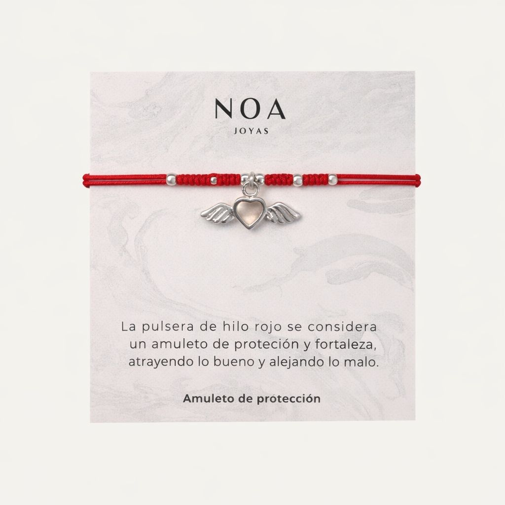 PULSERA DE HILO ROJO CORAZÓN ALADO HUECO PLATA
